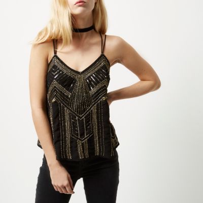 Black and gold embellished strappy cami top